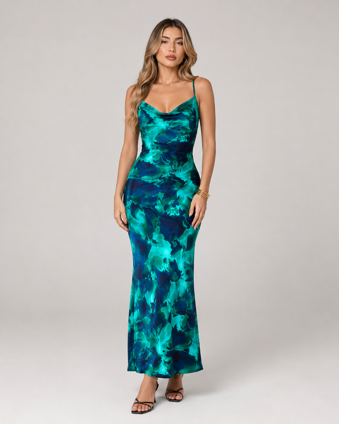 Cleo Strappy Cut-Out Print Maxi Dress in Green