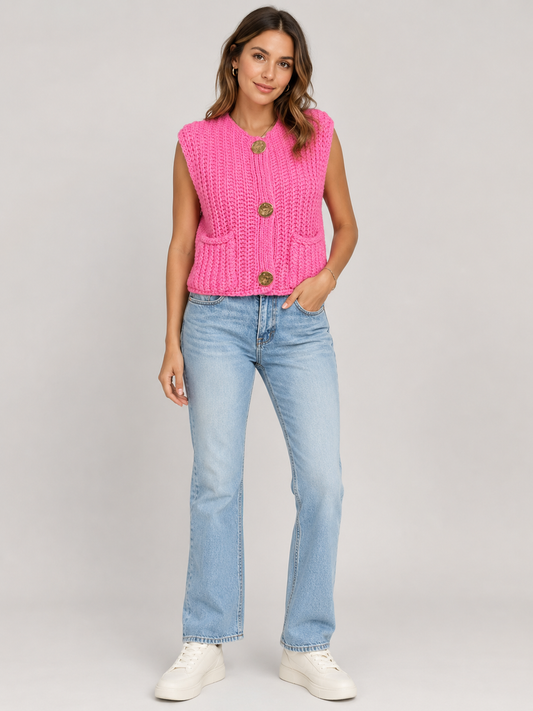 Nancy Sleeveless Crochet Knit Button Cardigan Gilet