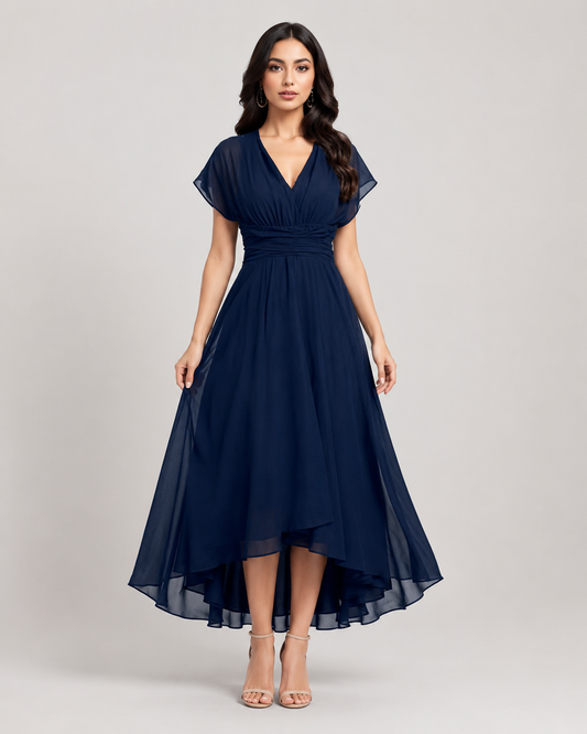 Adele Flutter Mesh Sleeve Chiffon Midi Dress in Navy