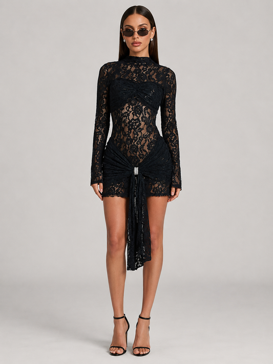 Willow Draped Long Sleeve Lace Mini Dress in Black