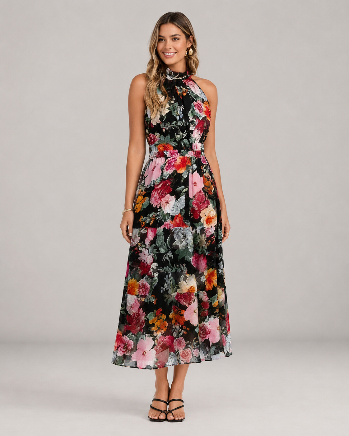 Averil Halter High Neck Print Chiffon Maxi Dress