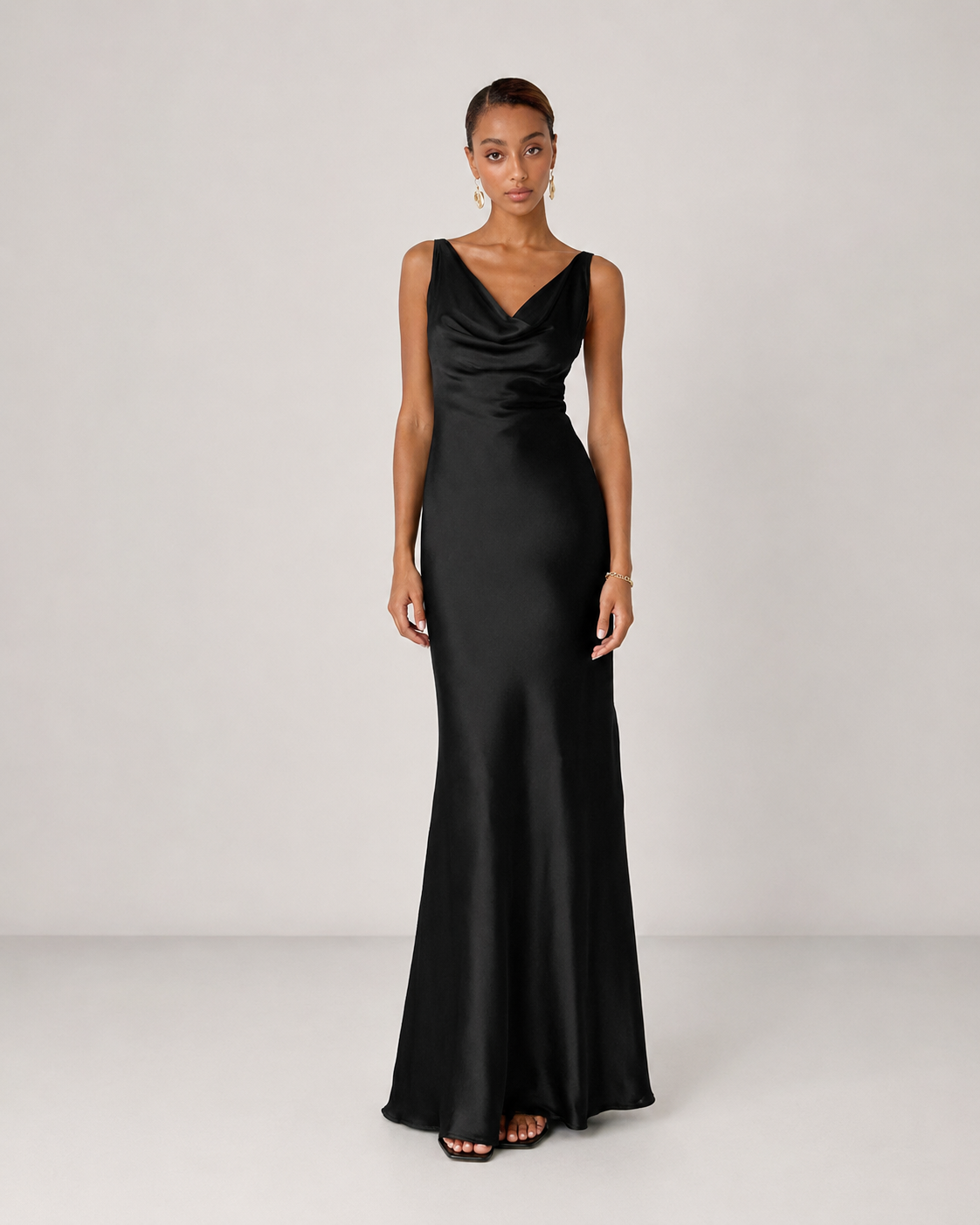 Willa Satin Cowl Neck Scoop Back Maxi Dress in Black