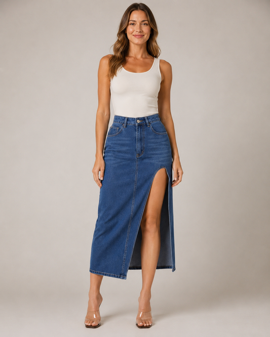 Robyn Asymmetric High Slit Denim Midi Skirt in Blue