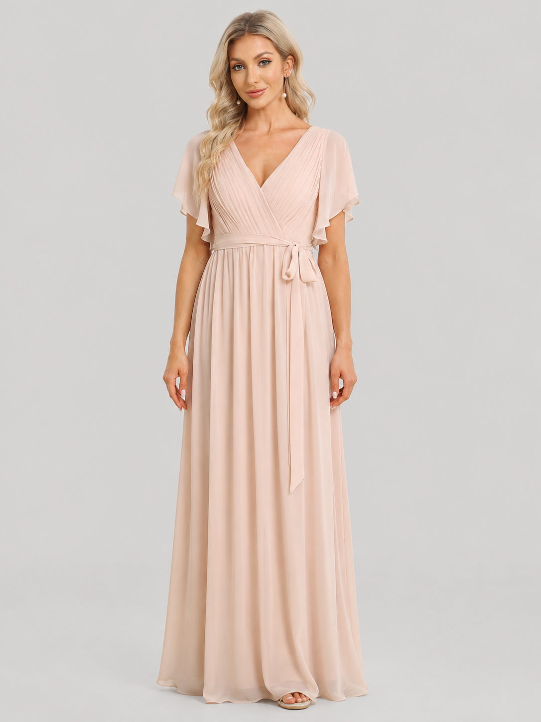 Dahlia Ruffle Sleeve Deep V Chiffon Maxi Dress