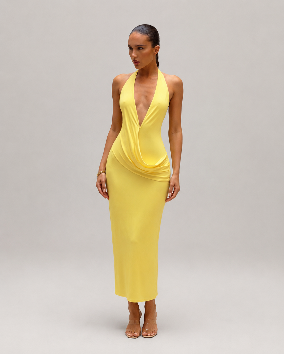 Honor Halter Deep V Backless Draped Split Maxi Dress