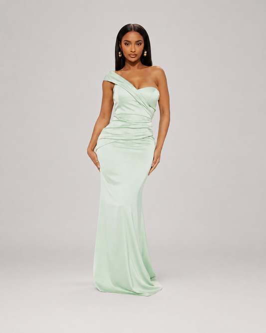 Lettie One Shoulder Satin Mermaid Prom Dress in Light Green