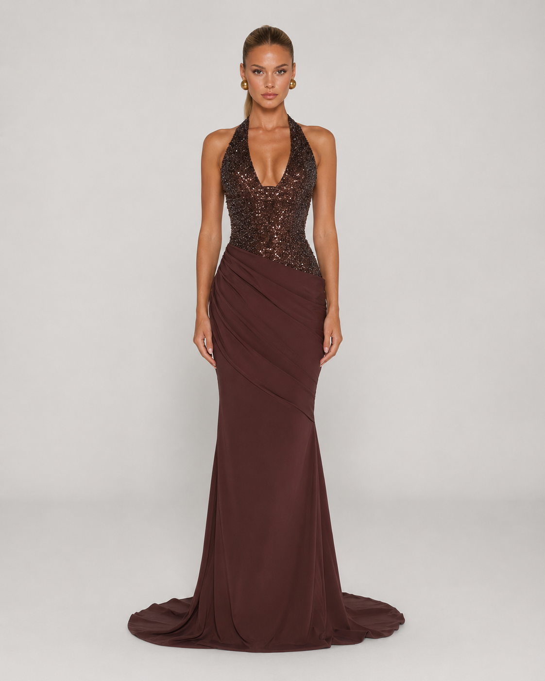 Rosetta Sequin Halter Bodycon Maxi Dress in Chestnut