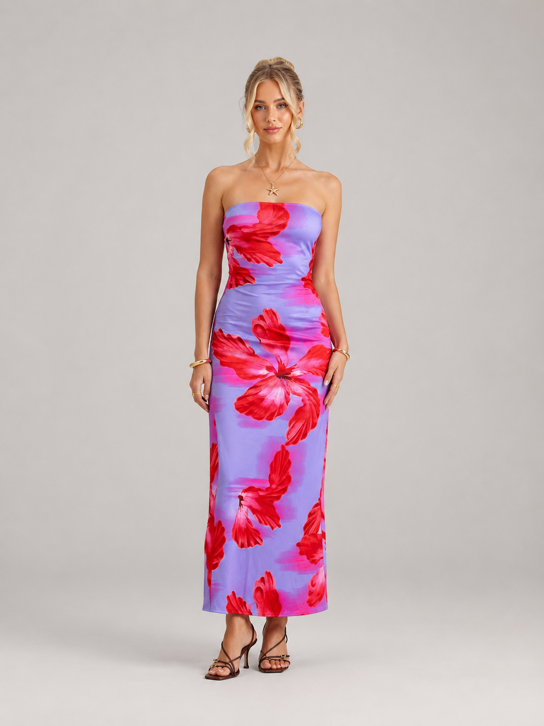 Calla Strapless Floral Print High Waist Midi Dress
