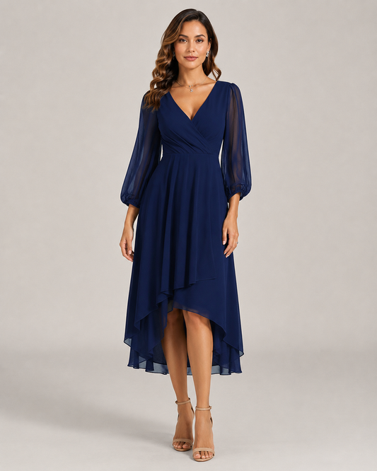 Leonie Sheer Mesh Sleeve V-Neck A-Line Midi Dress