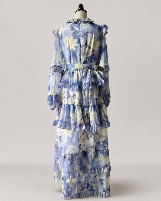 Amara Ruffle Print Kaftan Maxi Dress in Purple