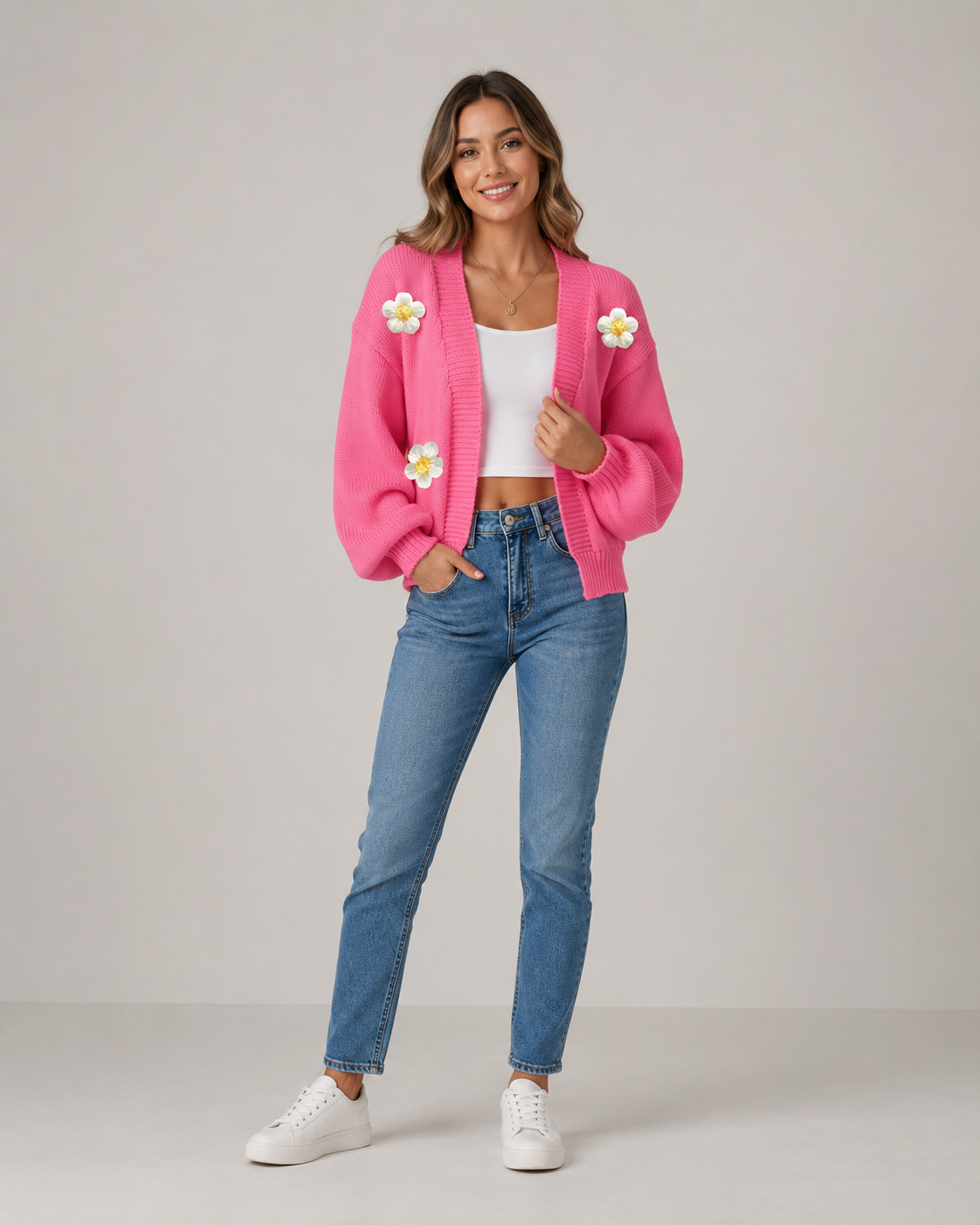 Heidi Flower Knit Lantern Sleeve Cardigan Jacket