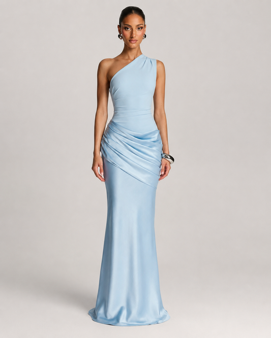 Vera One Shoulder Ruched Satin Evening Maxi Dress