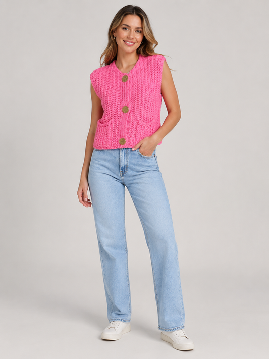 Nancy Sleeveless Crochet Knit Button Cardigan Gilet