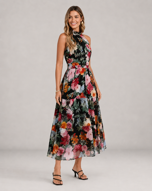 Averil Halter High Neck Print Chiffon Maxi Dress