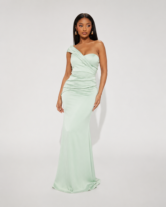 Lettie One Shoulder Satin Mermaid Prom Dress in Light Green