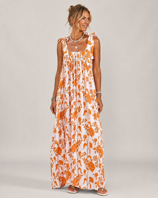 Romy Square Neck Tie Strap Boho Print Maxi Dress