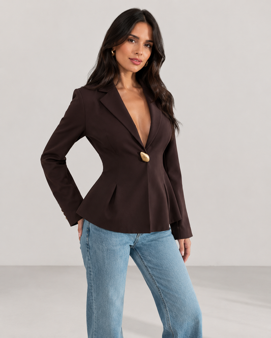 Hera Waist Cinching Single Button Blazer in Coffee