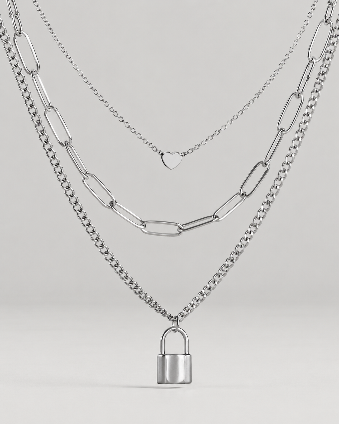 Lois Heart Lock Layered Stainless Steel Necklace