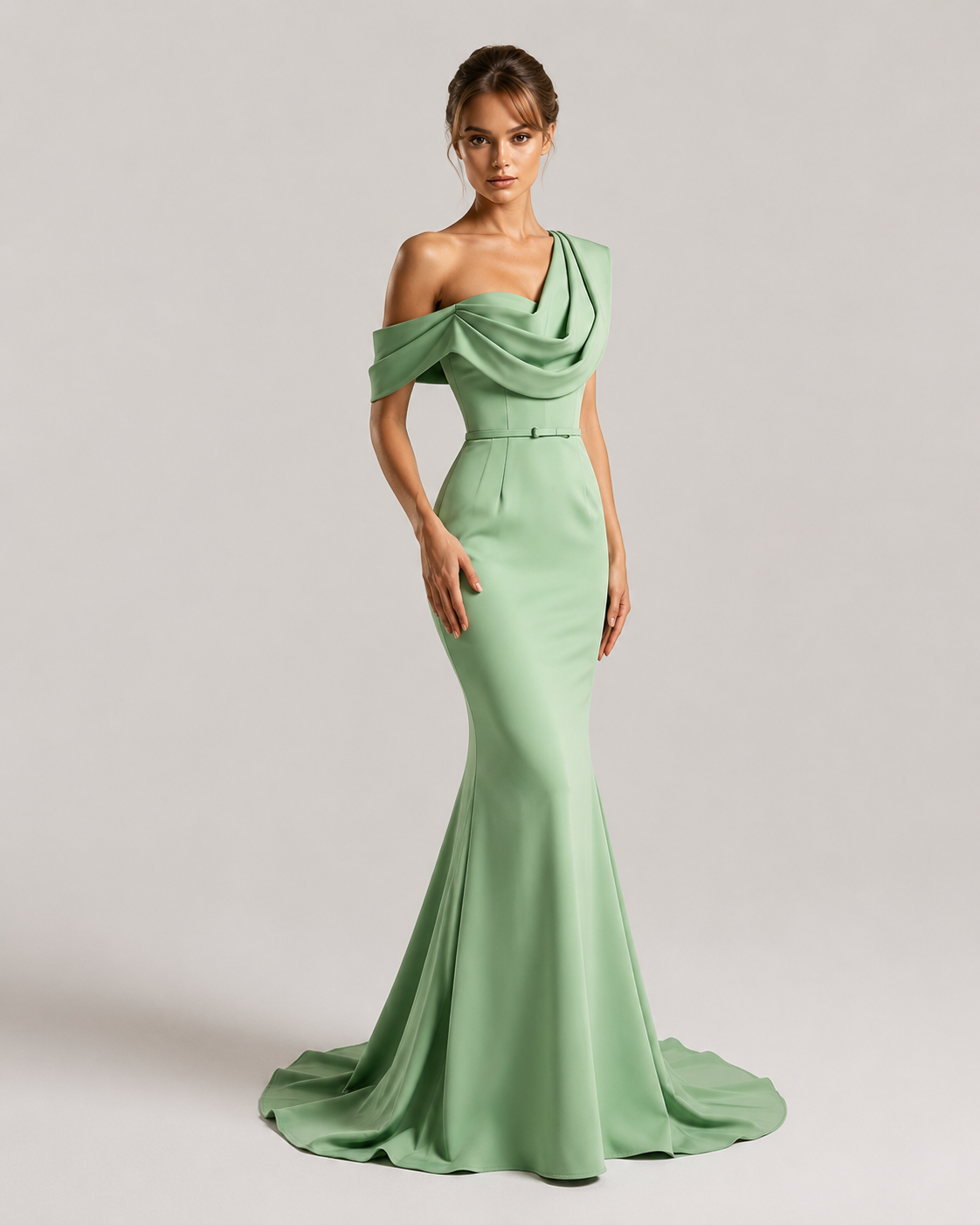 Guinevere One Shoulder Draped Satin Prom Dress in Sage Green