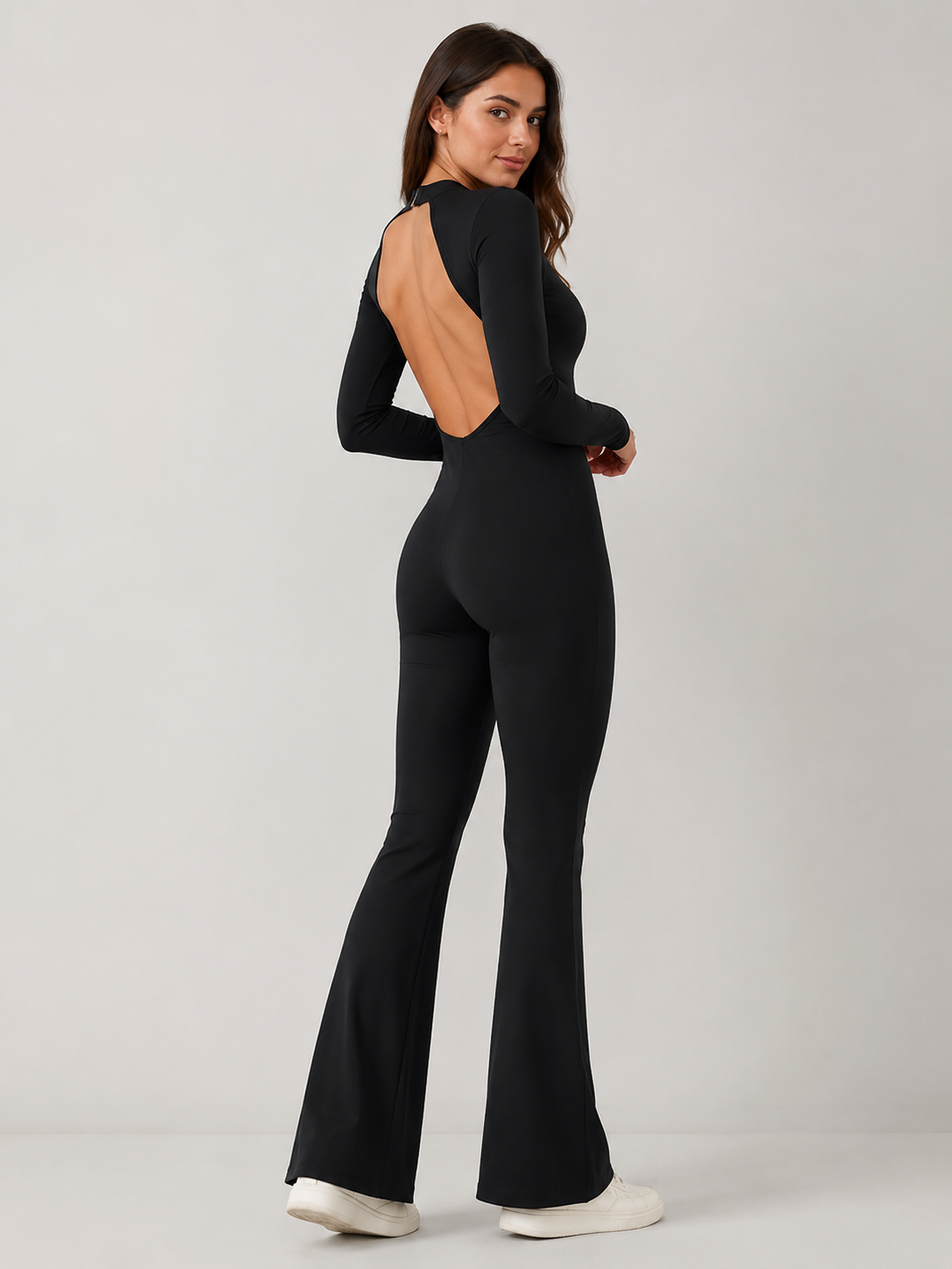 Hazel Square Neck Long Sleeve Wide Leg Jumpsuit in Black