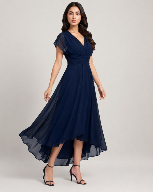 Adele Flutter Mesh Sleeve Chiffon Midi Dress in Navy