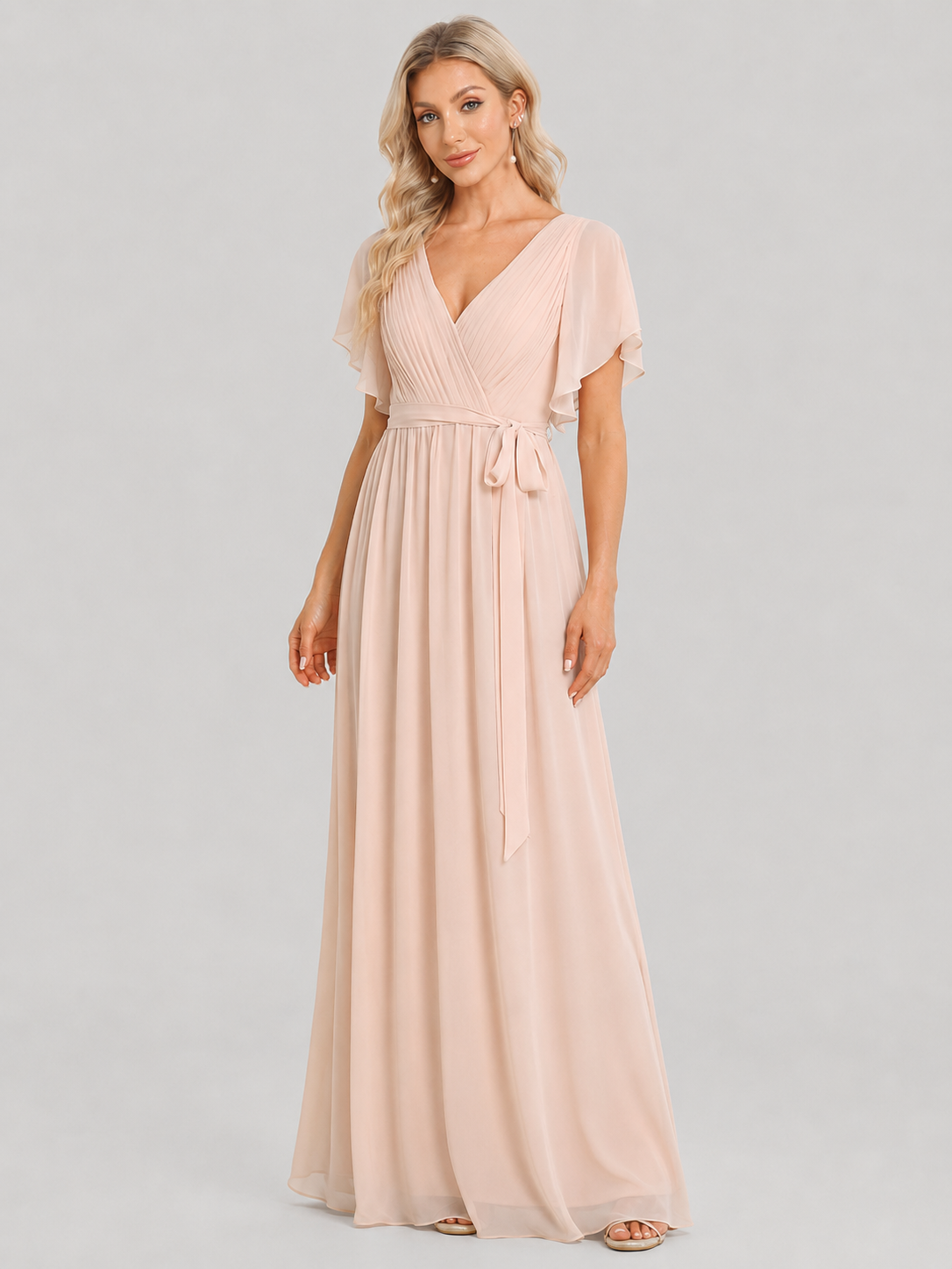 Dahlia Ruffle Sleeve Deep V Chiffon Maxi Dress