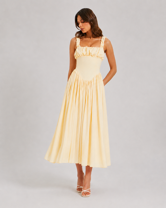 Juliet Satin Square Neck Backless Pleated Midi Dress in Black