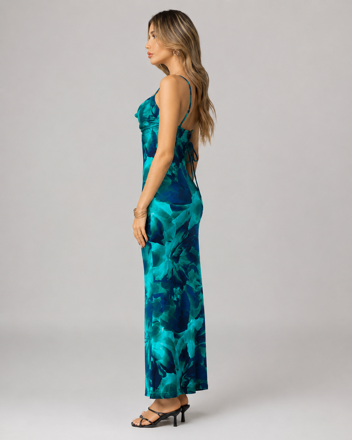Cleo Strappy Cut-Out Print Maxi Dress in Green