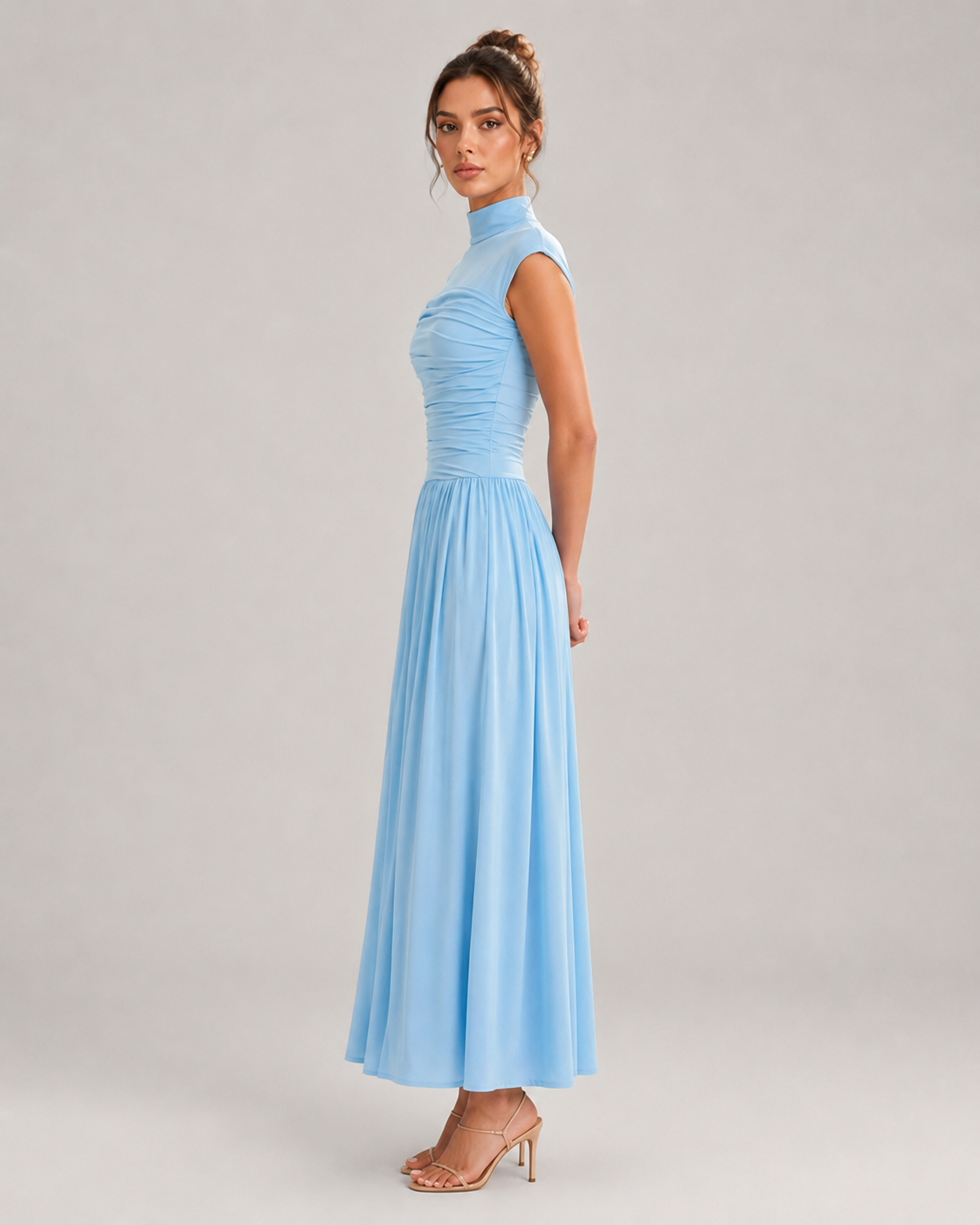 Pearl Long Sleeve Draped Fold Detail Maxi Dress in White
