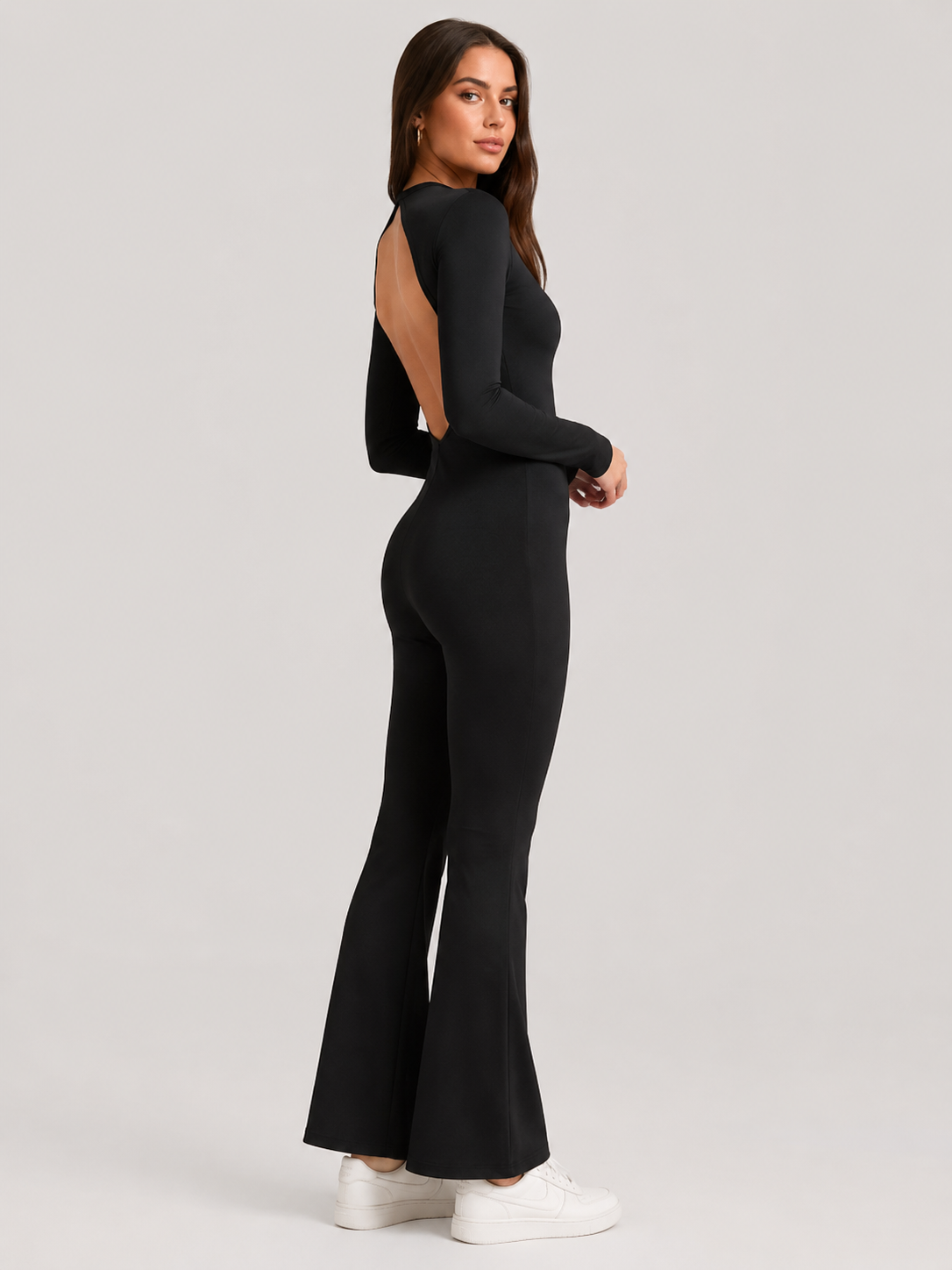 Hazel Square Neck Long Sleeve Wide Leg Jumpsuit in Black