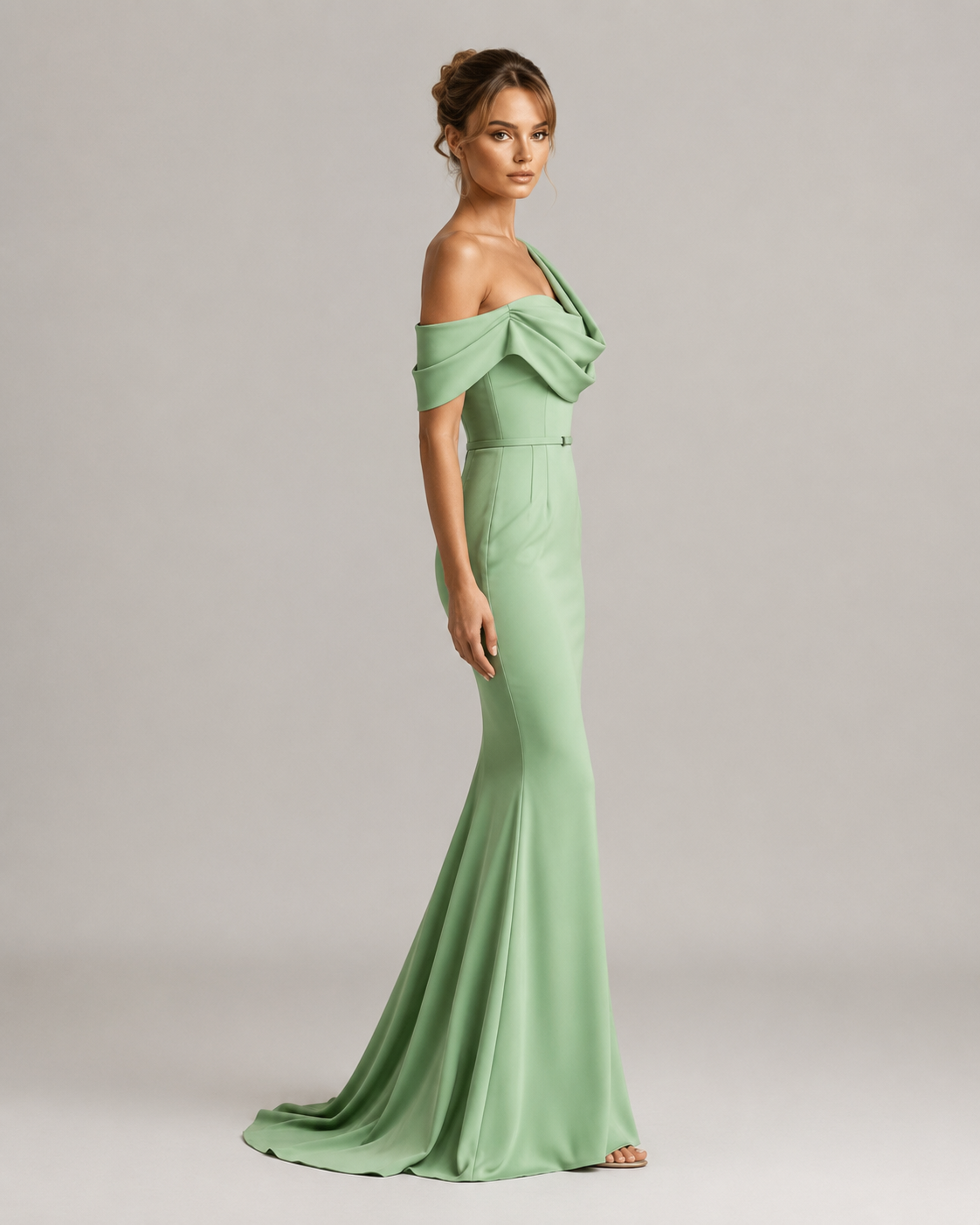 Guinevere One Shoulder Draped Satin Prom Dress in Sage Green