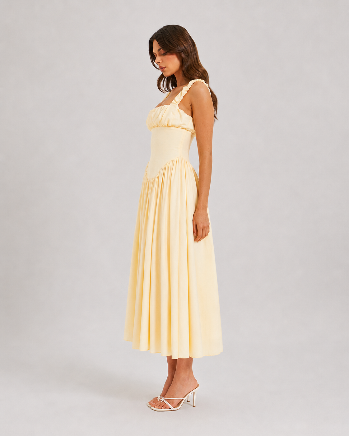 Juliet Satin Square Neck Backless Pleated Midi Dress in Black