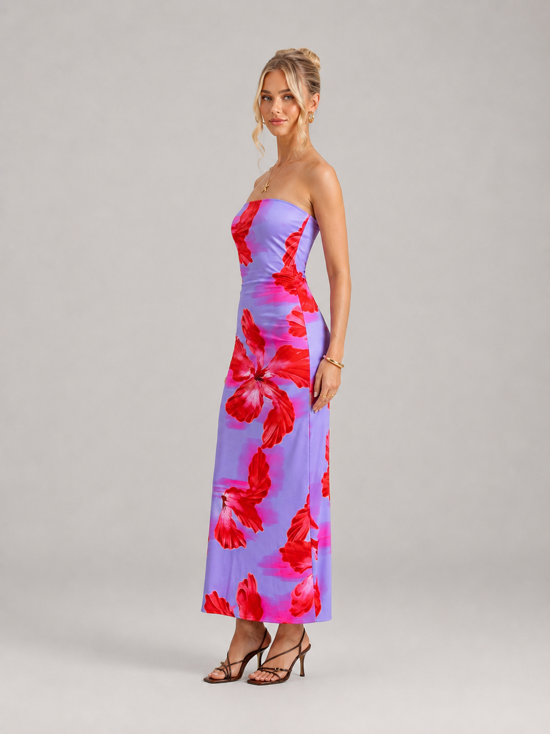 Calla Strapless Floral Print High Waist Midi Dress