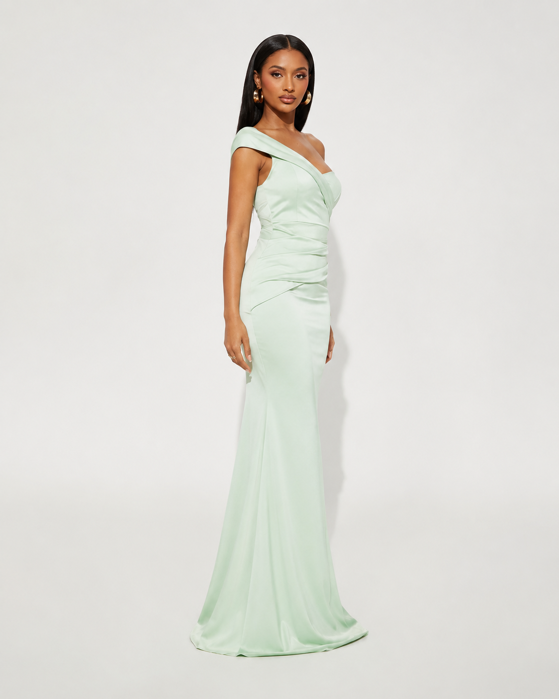 Lettie One Shoulder Satin Mermaid Prom Dress in Light Green