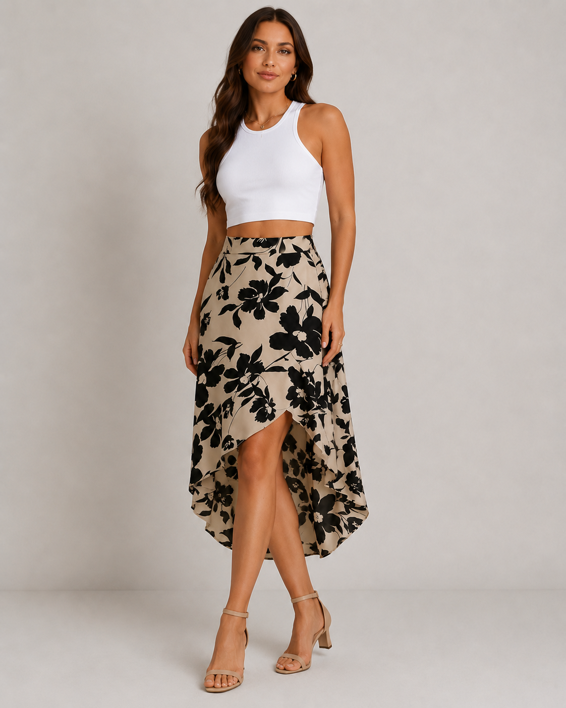Fleur Asymmetric Ruffle Hem Floral Midi Skirt