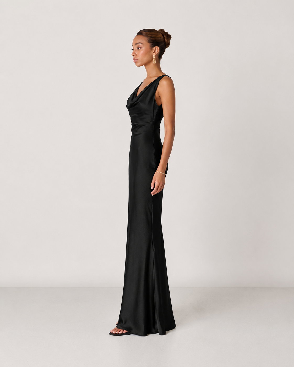 Willa Satin Cowl Neck Scoop Back Maxi Dress in Black