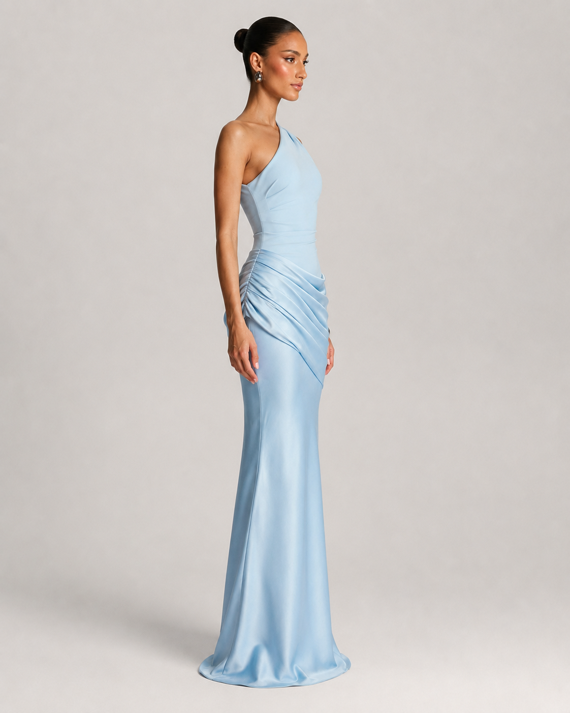 Vera One Shoulder Ruched Satin Evening Maxi Dress