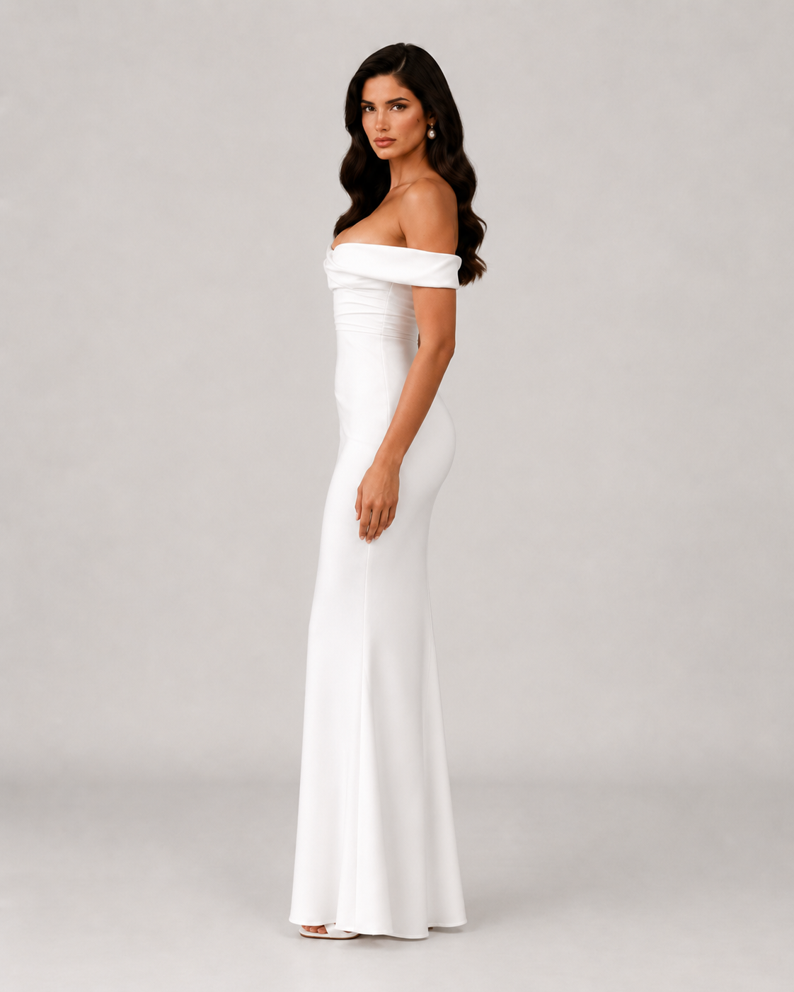 Rosalind Off Shoulder Satin Mermaid Maxi Dress in White