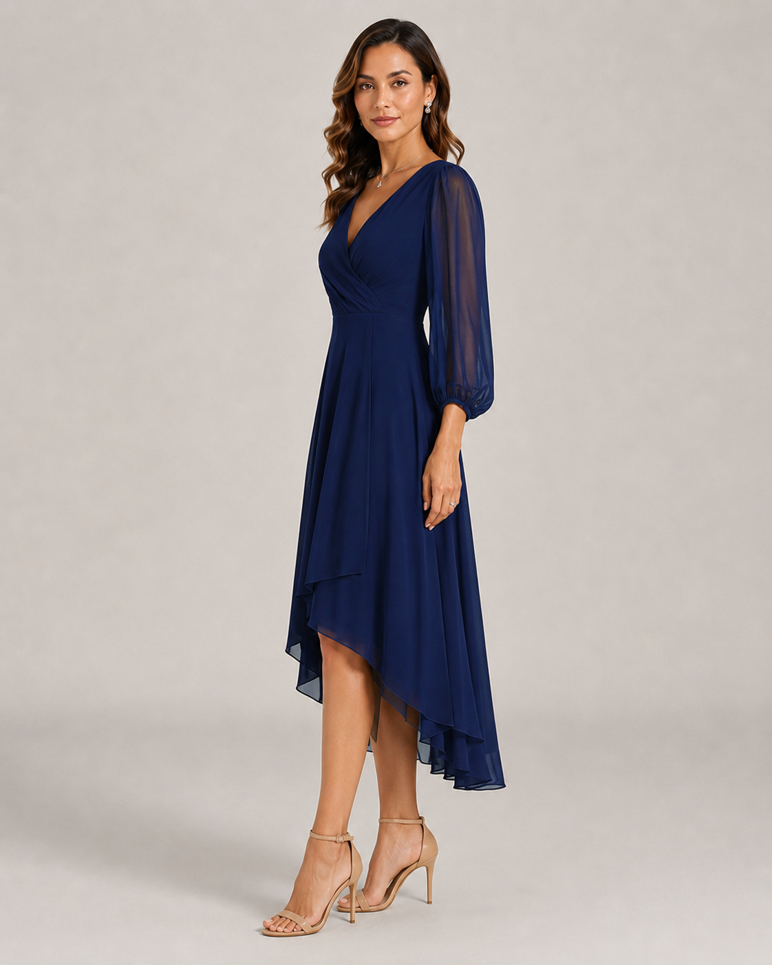 Leonie Sheer Mesh Sleeve V-Neck A-Line Midi Dress