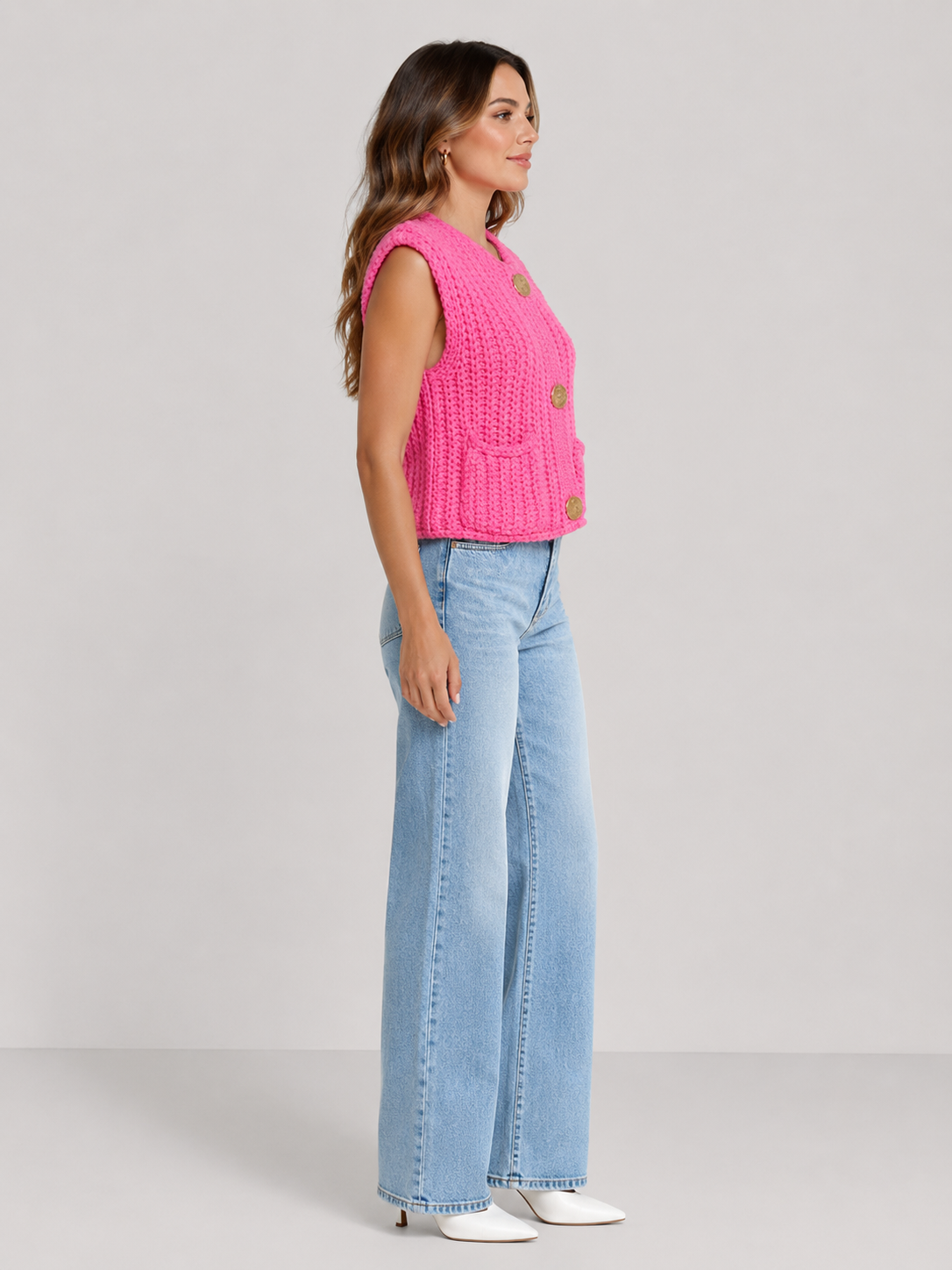 Nancy Sleeveless Crochet Knit Button Cardigan Gilet
