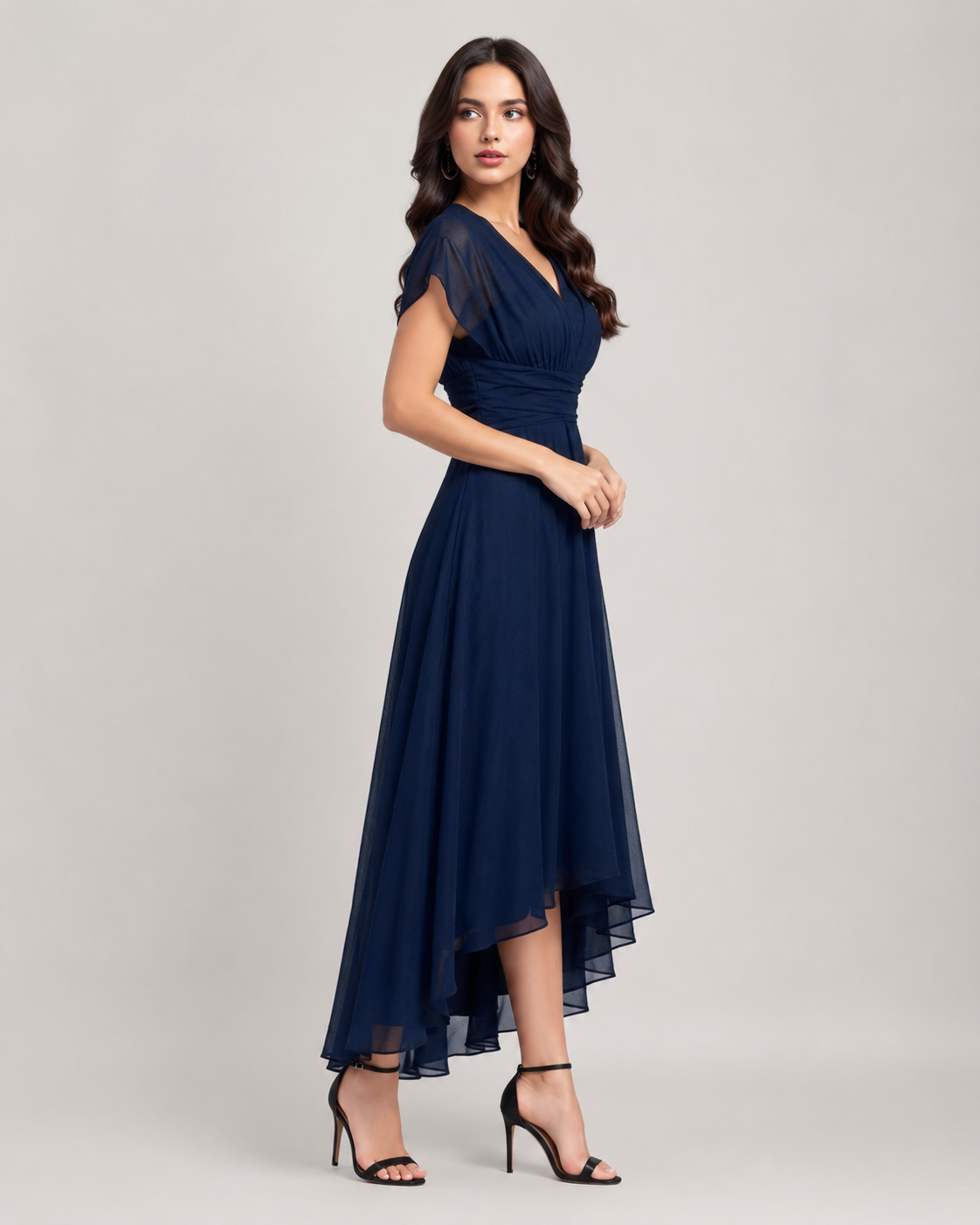 Adele Flutter Mesh Sleeve Chiffon Midi Dress in Navy