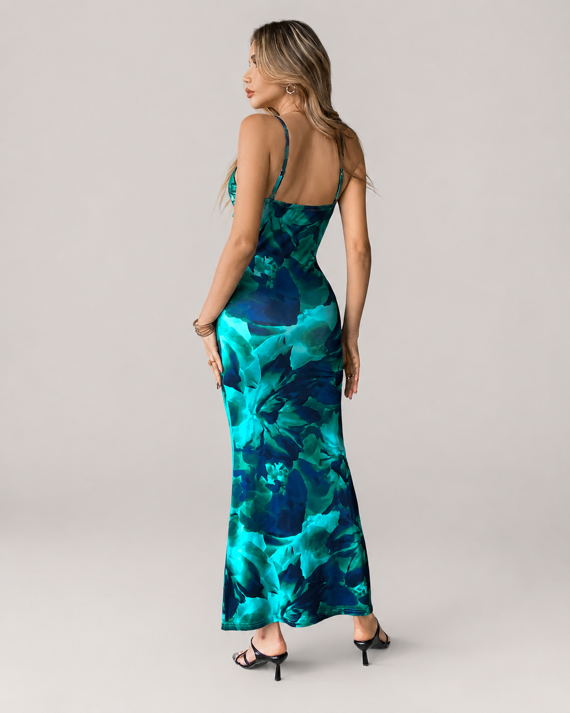 Cleo Strappy Cut-Out Print Maxi Dress in Green