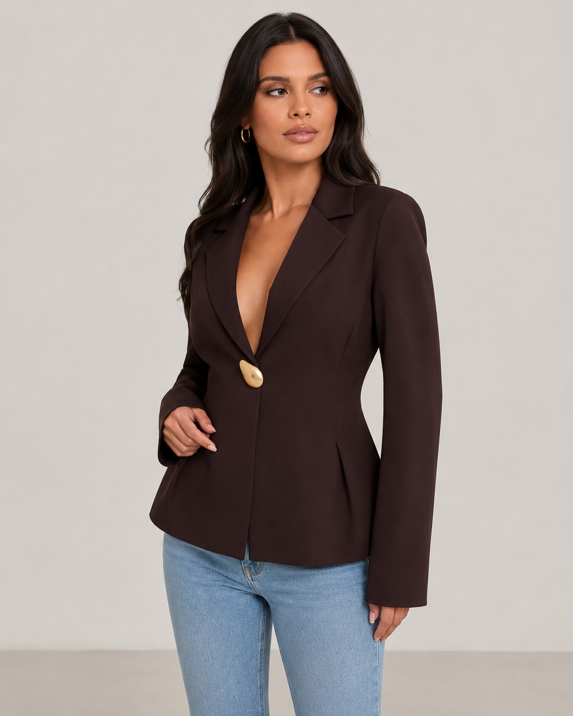 Hera Waist Cinching Single Button Blazer in Coffee