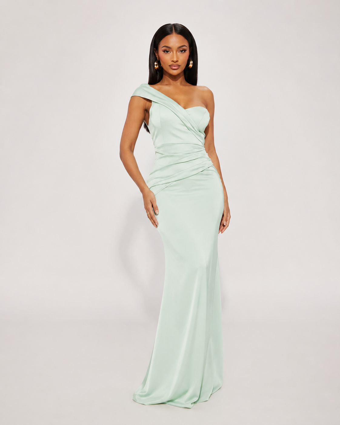 Lettie One Shoulder Satin Mermaid Prom Dress in Light Green
