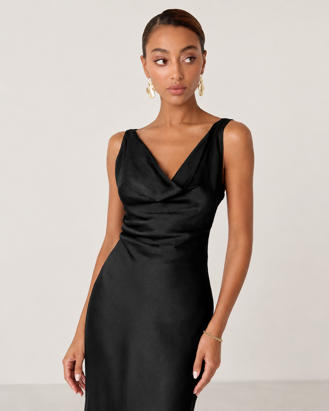 Willa Satin Cowl Neck Scoop Back Maxi Dress in Black