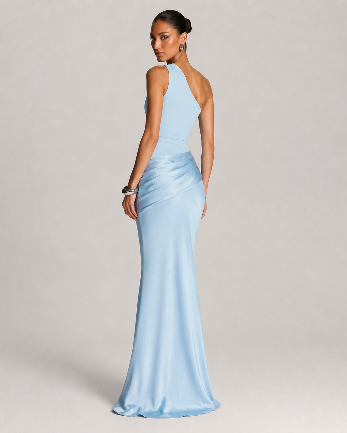 Vera One Shoulder Ruched Satin Evening Maxi Dress