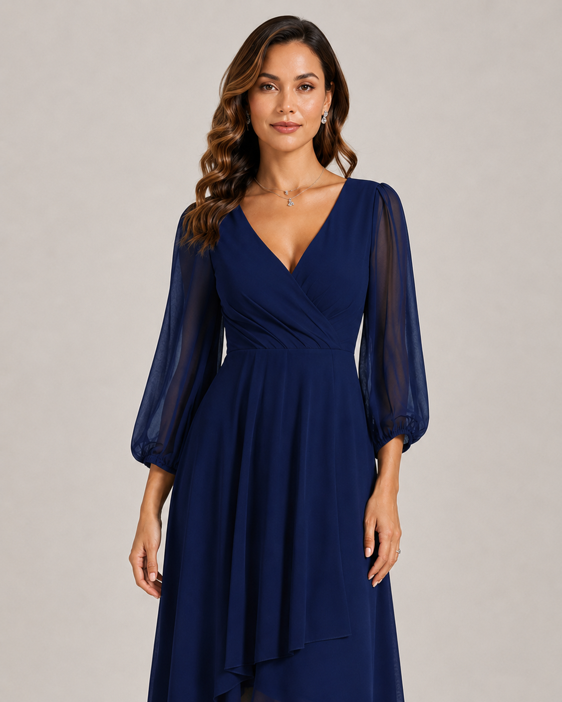 Leonie Sheer Mesh Sleeve V-Neck A-Line Midi Dress