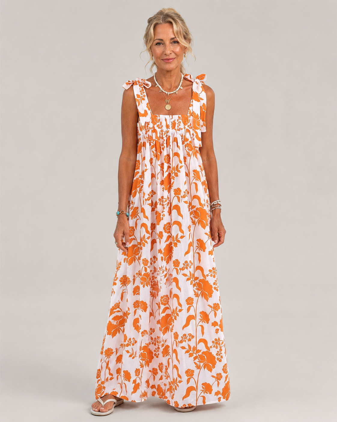 Romy Square Neck Tie Strap Boho Print Maxi Dress