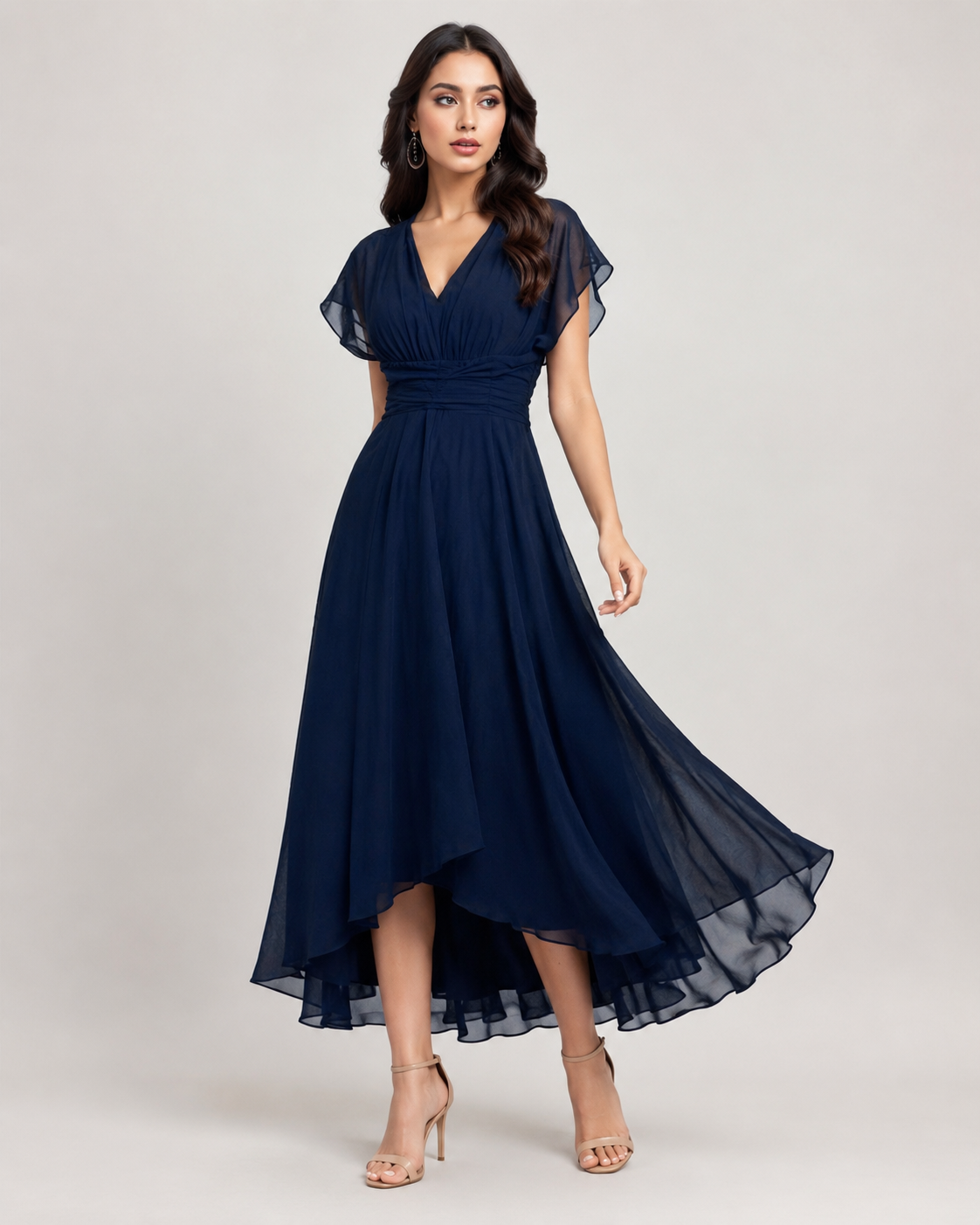Adele Flutter Mesh Sleeve Chiffon Midi Dress in Navy