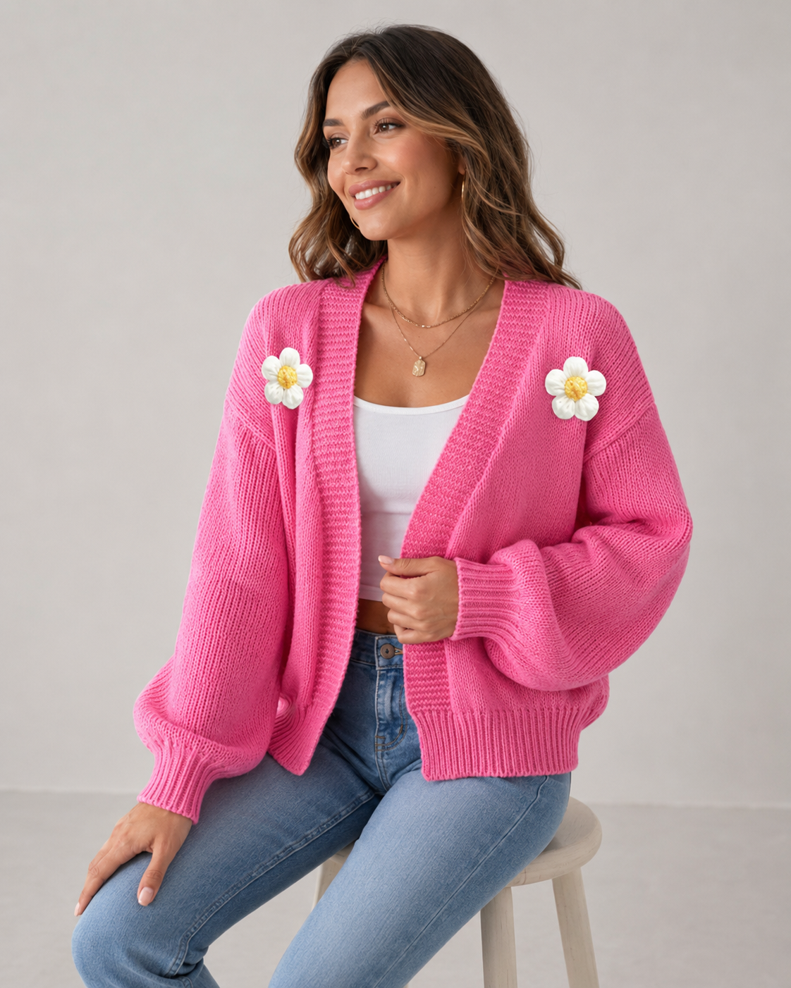 Heidi Flower Knit Lantern Sleeve Cardigan Jacket